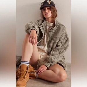 Free People Juno Jacket Quilted Oversized Bomber Button Zipper Laurel Oak